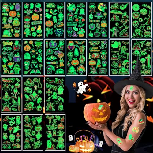 Aatpuss 200+ Stück Halloween Tattoos Für Kinder, Glühen Im Dunkeln Halloween Tattoo, Halloween Kinder Leuchten Im Dunkeln Aufkleber, Kürbis Fledermaus Hexe Kinde Hallowee Glow-In-The-Dark Aufkleber von Aatpuss