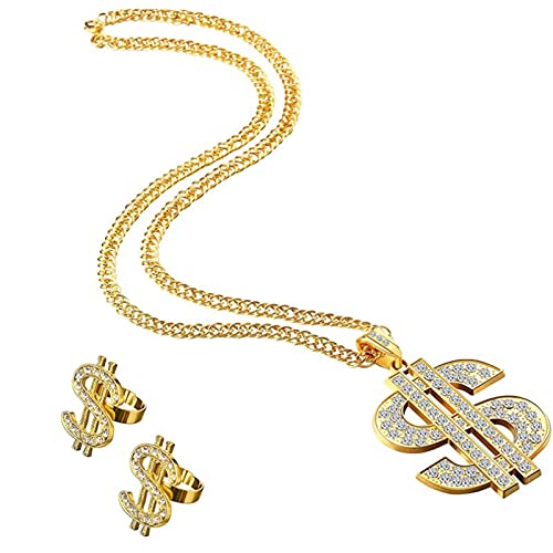 Aatpuss 3 Stücke Hip Hop Dollar Halskette & Ringe, 80er 90er Hip Hop Zubehör, Dollar Kette set, für Rapper Karneval Mottopartys von Aatpuss