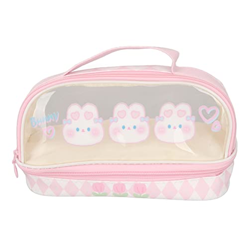 Aatraay Niedliche Kaninchen-Stifttasche, Kaninchen-Muster, Doppellagig, Wasserdicht, Transparent, Kawaii-Federmäppchen, Rosa Kosmetiktasche mit Griff für Kinder von Aatraay