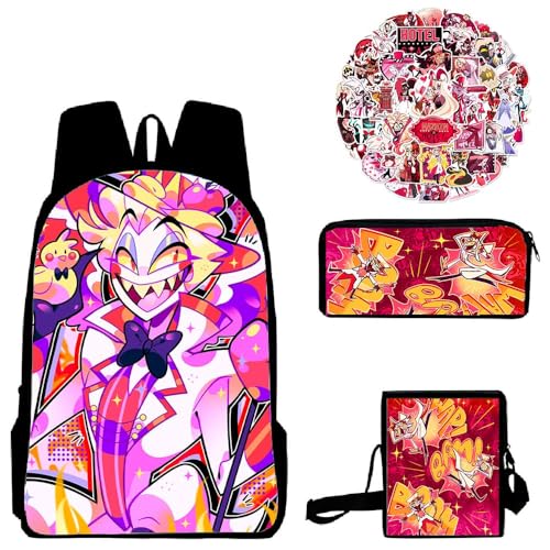 Aayahakawa Hazbin Hotel Anime bedrucktes Rucksack-Set mit Federmäppchen, Lunch-Tasche, Aufkleber, große Kapazität, Schultasche, Studenten und Spiel-Fans, Teenager, Geburtstagsgeschenk, 3-teiliges Set, von Aayahakawa