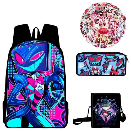 Aayahakawa Hazbin Hotel Anime bedrucktes Rucksack-Set mit Federmäppchen, Lunch-Tasche, Aufkleber, große Kapazität, Schultasche, Studenten und Spiel-Fans, Teenager, Geburtstagsgeschenk, 3-teiliges Set, von Aayahakawa