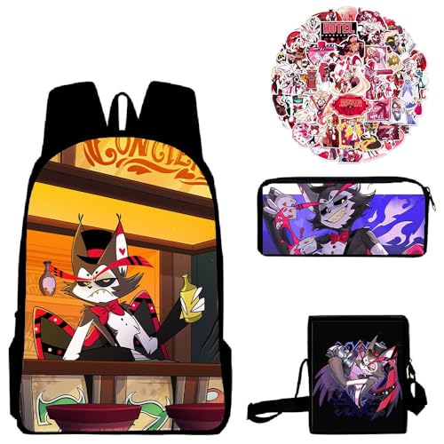 Aayahakawa Hazbin Hotel Anime bedrucktes Rucksack-Set mit Federmäppchen, Lunch-Tasche, Aufkleber, große Kapazität, Schultasche, Studenten und Spiel-Fans, Teenager, Geburtstagsgeschenk, 3-teiliges Set, von Aayahakawa