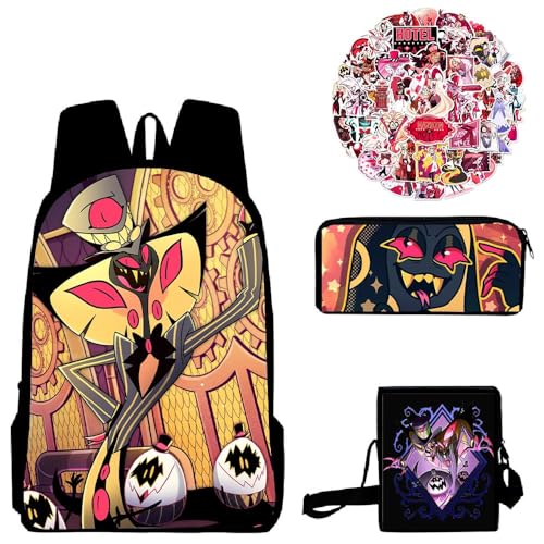 Aayahakawa Hazbin Hotel Anime bedrucktes Rucksack-Set mit Federmäppchen, Lunch-Tasche, Aufkleber, große Kapazität, Schultasche, Studenten und Spiel-Fans, Teenager, Geburtstagsgeschenk, 3-teiliges Set, von Aayahakawa