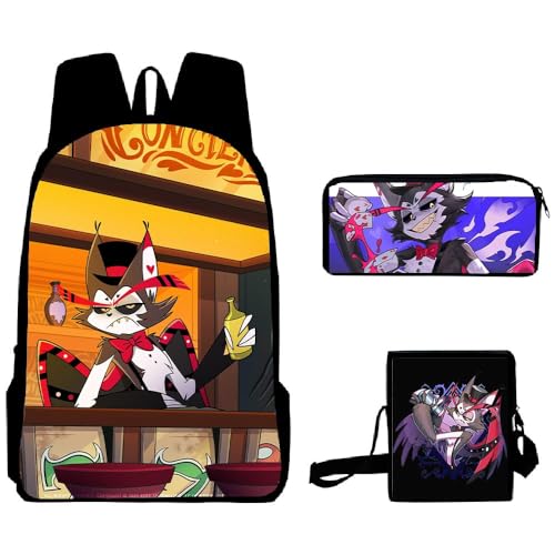 Aayahakawa Hazbin Hotel Anime bedrucktes Rucksack-Set mit Federmäppchen, Lunch-Tasche, Aufkleber, große Kapazität, Schultasche, Studenten und Spiel-Fans, Teenager, Geburtstagsgeschenk, 3-teiliges Set, von Aayahakawa