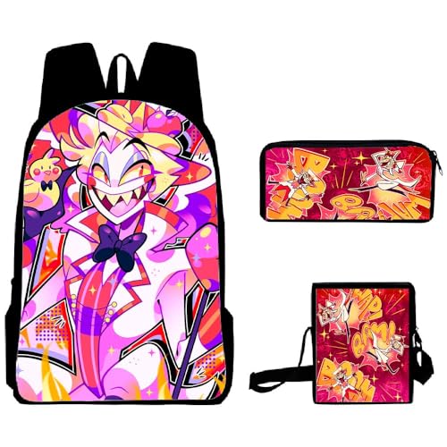 Aayahakawa Hazbin Hotel Anime bedrucktes Rucksack-Set mit Federmäppchen, Lunch-Tasche, Aufkleber, große Kapazität, Schultasche, Studenten und Spiel-Fans, Teenager, Geburtstagsgeschenk, 3-teiliges Set, von Aayahakawa