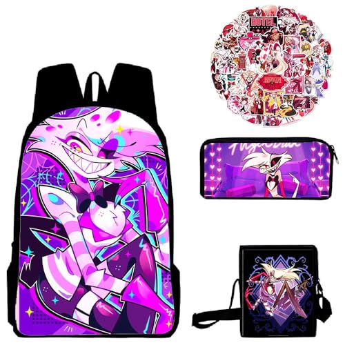 Aayahakawa Hazbin Hotel Anime bedrucktes Rucksack-Set mit Federmäppchen, Lunch-Tasche, Aufkleber, große Kapazität, Schultasche, Studenten und Spiel-Fans, Teenager, Geburtstagsgeschenk, 3-teiliges Set, von Aayahakawa