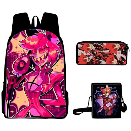 Aayahakawa Hazbin Hotel Anime bedrucktes Rucksack-Set mit Federmäppchen, Lunch-Tasche, Aufkleber, große Kapazität, Schultasche, Studenten und Spiel-Fans, Teenager, Geburtstagsgeschenk, 3-teiliges Set, von Aayahakawa