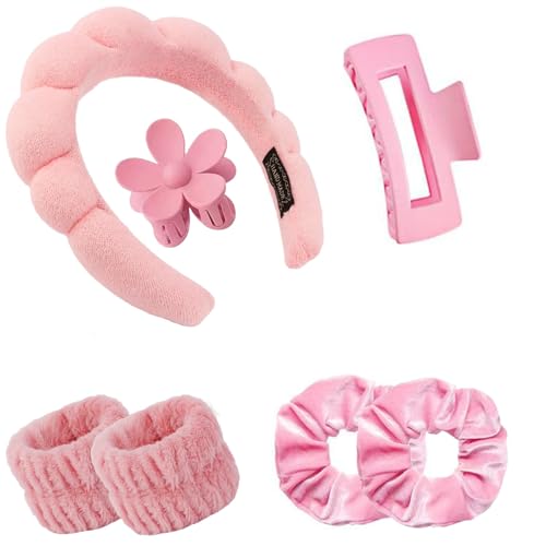 Aayans Spa-Stirnband für Damen, schwarzes Schwamm-Haarband, Gesichtswasch-Stirnband, 6 Stück (Rosa, Einheitsgröße) von Aayans