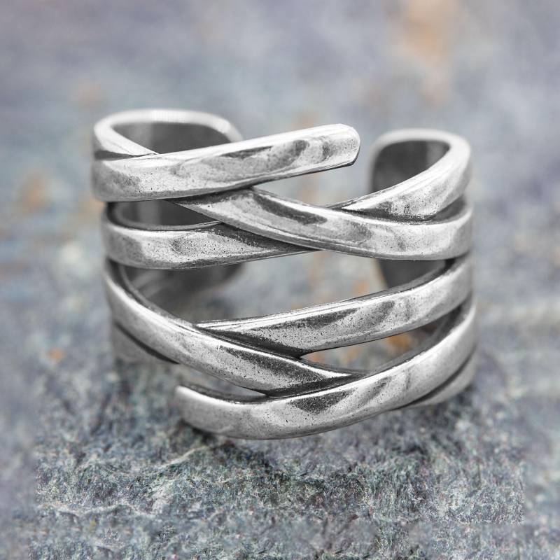 Breiter Silberring Damen, Handgefertigter 925 Sterling Silber Ring Mit Geschwungenem Linien Design, Verstellbarer Statement Schmuck von AbaSchmuck
