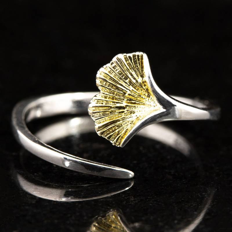 Silberring Silber 925 Ring Verstellbar Offen R0645 Ginkgoblatt, Ginko von AbaSchmuck