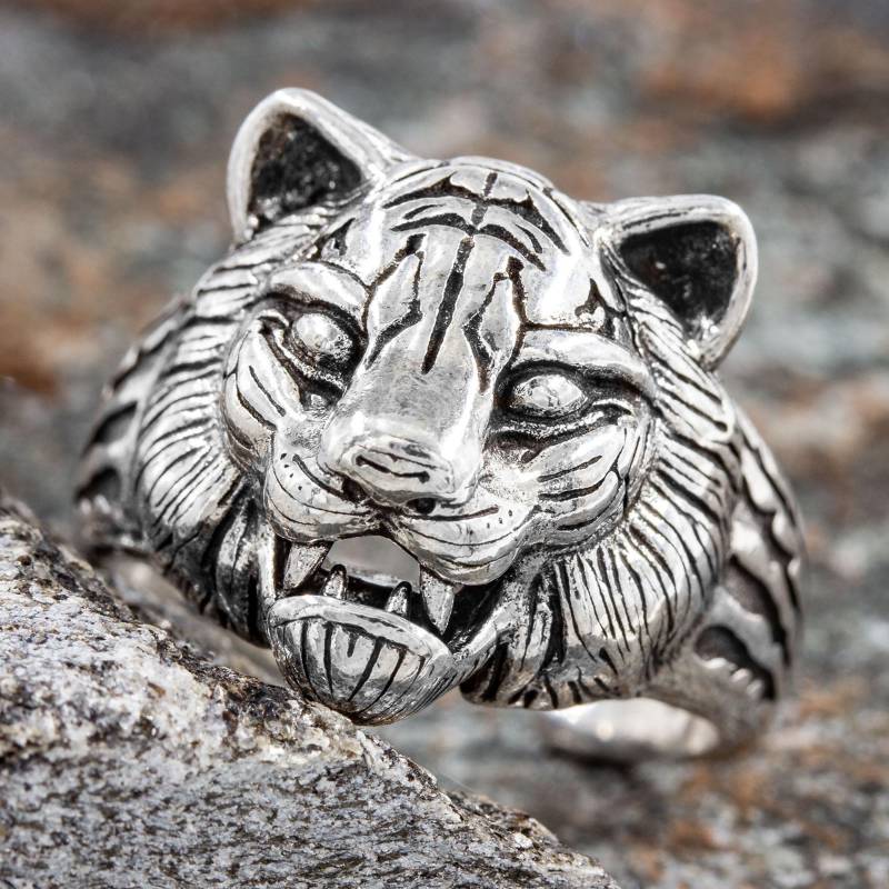 Unisex Tigerkopf-Ring Aus 925 Silber - Verstellbarer Statementring Für Damen Und Herren, Auch Als Daumenring Tragbar von AbaSchmuck