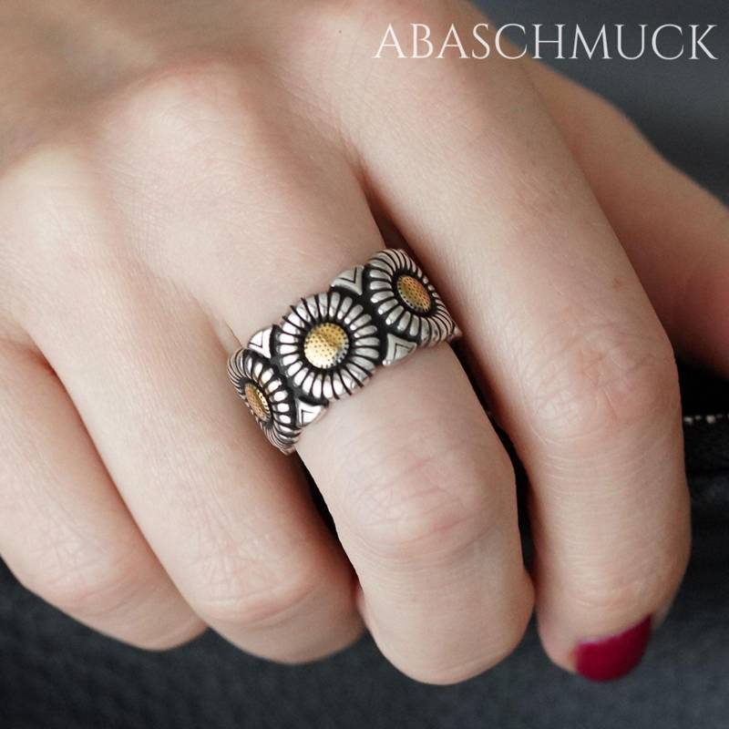 Verstellbarer Ring Bandring Silberring Offen 925 Sterlingsilber Mit Blumen Design Goldfarbenem Detail Handgefertigt Damenring Geschenkidee von AbaSchmuck