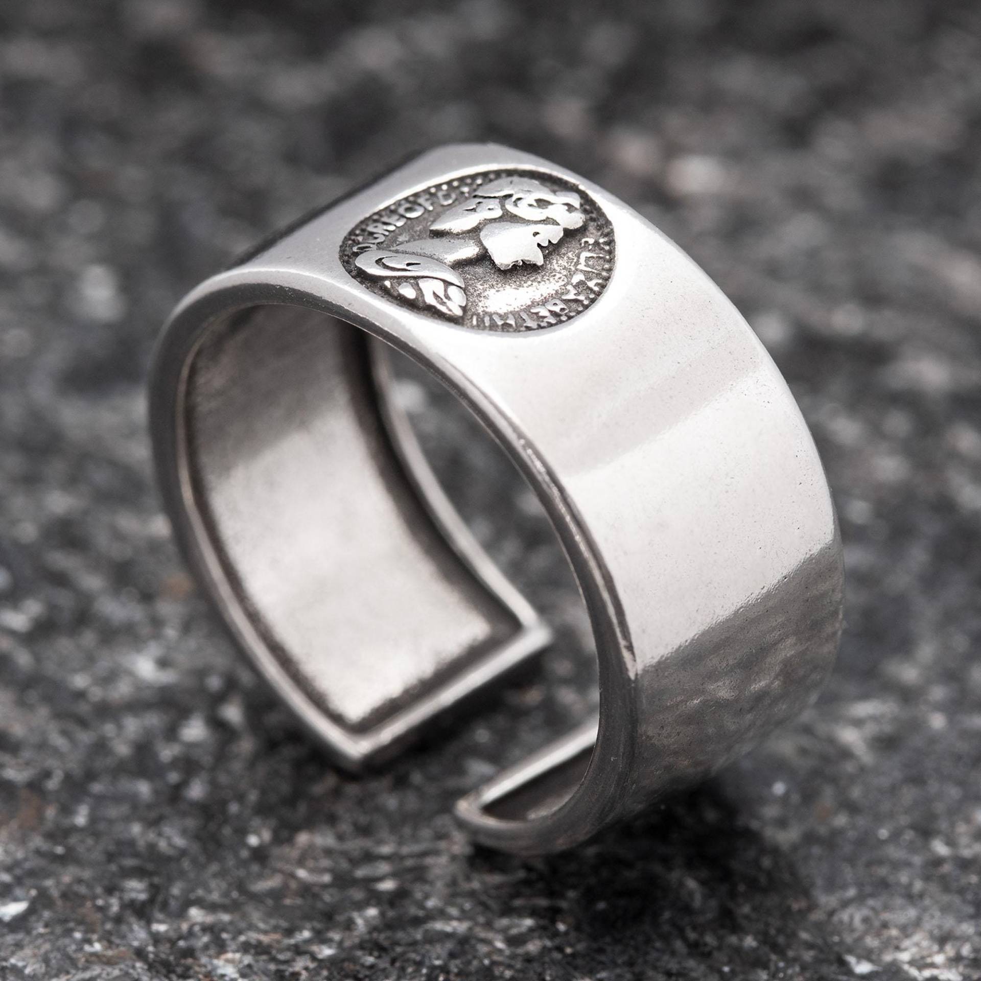 Verstellbarer Ring Silber 925 Siegelring Offen Bandring Unisex Handgefertigt Antik Inspiriert Damen Herren Schmuck Verstellbar Bis Größe 60 von AbaSchmuck