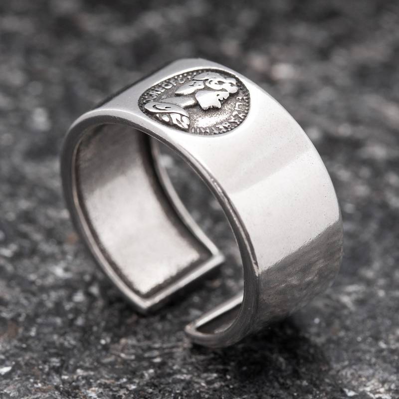 Verstellbarer Ring Silber 925 Siegelring Offen Bandring Unisex Handgefertigt Antik Inspiriert Damen Herren Schmuck Verstellbar Bis Größe 60 von AbaSchmuck