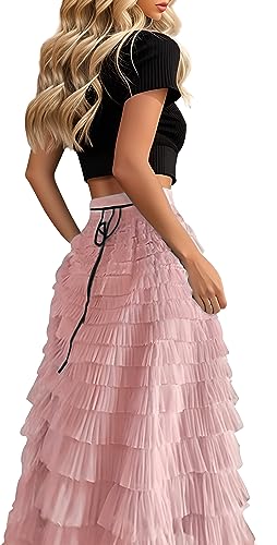 Elegante Tüllröcke für Frauen Mädchen Elastische Hohe Taille A Linie Stufen-Tutu Flowy Fairy Maxi Rock, Nude Rosé, Mittel von Ababalaya