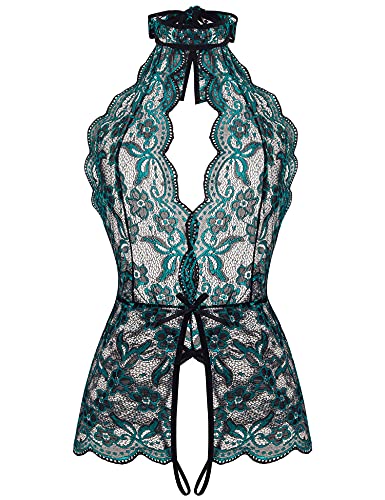 Ababoon Damen Einteiler Dessous Spitze Sexy Baby Puppen Teddy Nachtwäsche, Grün (Blumenmuster), XL von Ababoon