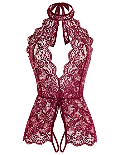 Ababoon Damen Einteiler Dessous Spitze Sexy Baby Puppen Teddy Nachtwäsche, Weinrot, Large von Ababoon