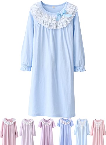 ABALACOCO Baumwoll-Nachthemd für Mädchen, kurzärmelig, Pyjama, Kleid, Prinzessin, Kinder, Kleinkinder, hübsches Spitzen-Nachtwäsche-Kleid, Blau, 6-7 Jahre von Abalacoco