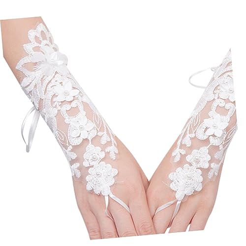 Abaodam 1 Paar Pailletten-handschuhe Perlenhandschuhe Frauen-party-bogen-handschuh Handschuhe Für Die Verlobungsfeier Fingerlose Spitzenhandschuhe Braut Hochzeit Blumen Weiß von Abaodam