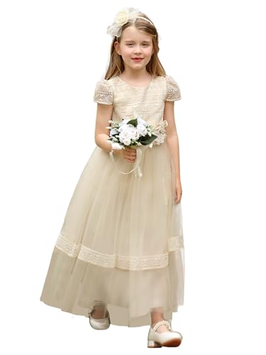 Abaowedding Blumenmädchenkleider Knöchellang Prinzessin Kleid Tüll Spitze Blumenförmiger Gürtel Festlich Hochzeit Erstkommunion Geburtstag Abendkleid(10,Champagner) von Abaowedding