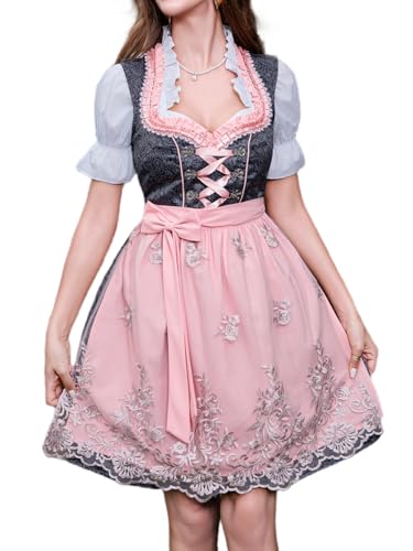 Abaowedding Dirndl Damen 3 Teilig Midi Trachtenkleid Trachtenmode Trachtenrock Dirndlkleid inkl. Spitzendirndlschürze Bluse und Schwarz-rosa Dirndl(S) von Abaowedding