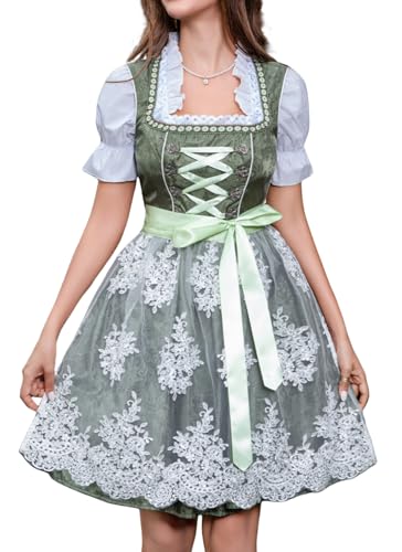 Abaowedding Dirndl Damen Midi Trachtenkleid Trachtenmode Trachtenrock 3 Teilig Dirndlkleid inkl. Spitzendirndlschürze Dunkelgrün Kleid und Bluse(L) von Abaowedding