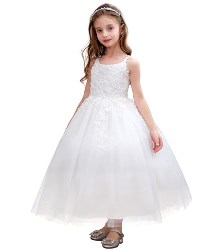 Blumenmädchen Kleid Kinder Mädchen Träger Blumen Bestickt Spitzen Strapskleid Ärmellos Hochzeit Geburtstag Partykleid Prinzessin Maxikleid Elegant Weich Kinderkleid Für Performance(6,Weiß) von Abaowedding