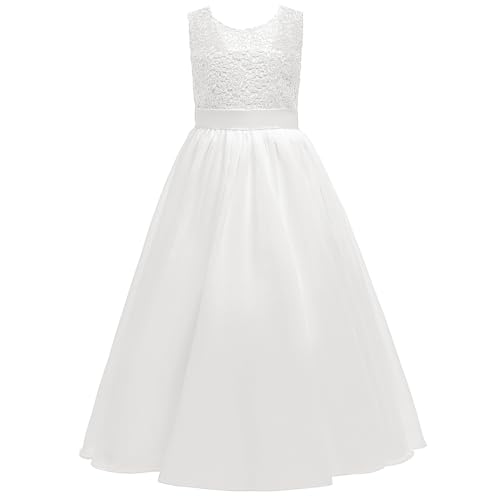 Elegantes Blumenmädchenkleid, Spitze und Tüll, Bodenlang, A-Linie Mädchen Festkleider (12,Weiß) von Abaowedding