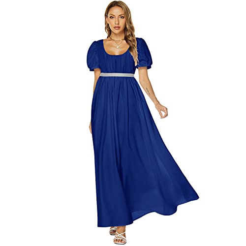 Regency Kleider für Damen, viktorianisches Teekleid, Kleid mit Satin-Schärpe, Vintage-Ballkleid, Rüschen, Puffärmel, Königsblau, M von Abaowedding