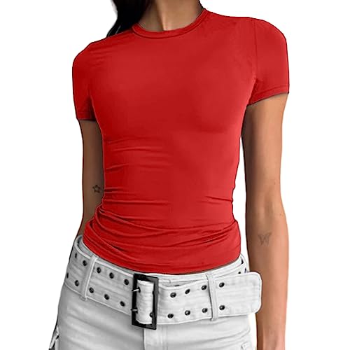 Abardsion Damen Casual Basic Going Out Crop Tops Slim Fit Kurzarm Rundhals Enge T-Shirts, Big Red, Mittel von Abardsion