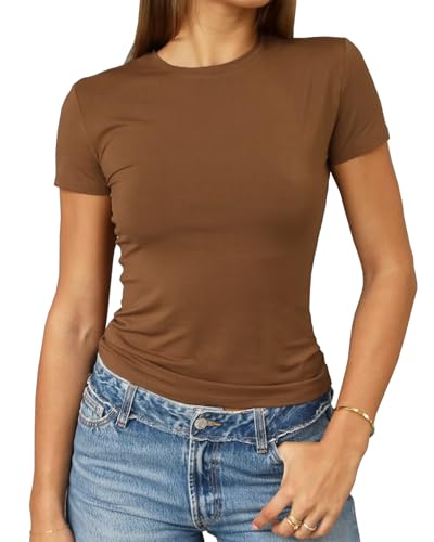 Abardsion Lässiges Basic-T-Shirt für Damen, bauchfrei, schmale Passform, kurzärmelig, Rundhalsausschnitt, enganliegend, 2025, Braun, Mittel von Abardsion