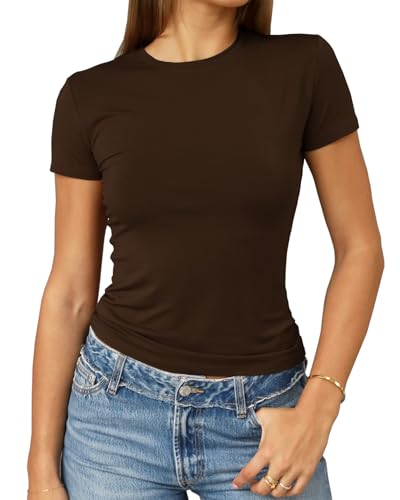 Abardsion Damen Casual Basic Going Out Crop Tops Slim Fit Kurzarm Rundhals Enge T-Shirts, Dunkelbraun, Groß von Abardsion