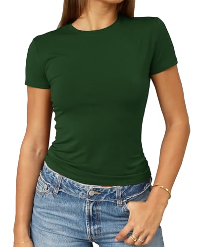 Abardsion Lässiges Basic-T-Shirt für Damen, bauchfrei, schmale Passform, kurzärmelig, Rundhalsausschnitt, enganliegend, 2025, Dunkelgrün, Mittel von Abardsion