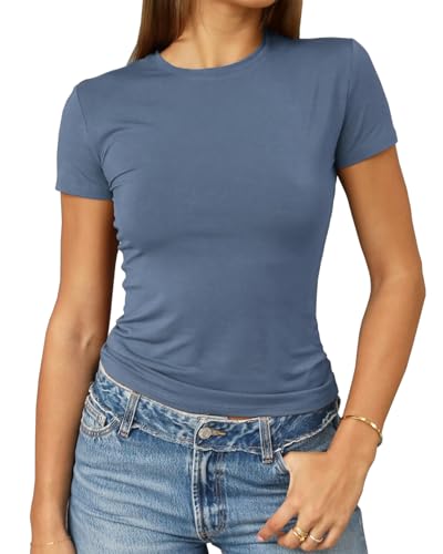 Abardsion Damen Casual Basic Going Out Crop Tops Slim Fit Kurzarm Rundhals Enge T-Shirts, Haze Blue, Mittel von Abardsion