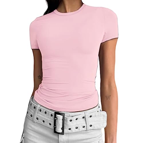 Abardsion Damen Casual Basic Going Out Crop Tops Slim Fit Kurzarm Rundhals Enge T-Shirts, Helles Pink, Klein von Abardsion