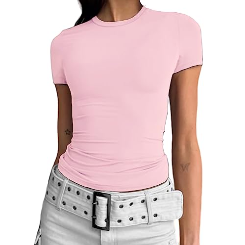Abardsion Lässiges Basic-T-Shirt für Damen, bauchfrei, schmale Passform, kurzärmelig, Rundhalsausschnitt, enganliegend, 2025, Helles Pink, Klein von Abardsion