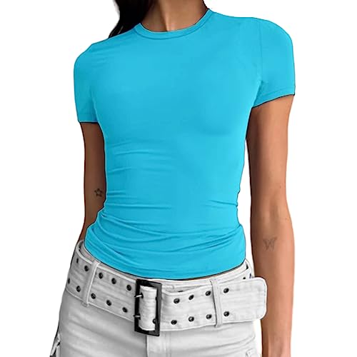 Abardsion Damen Casual Basic Going Out Crop Tops Slim Fit Kurzarm Rundhals Enge T-Shirts, Himmelblau, Mittel von Abardsion