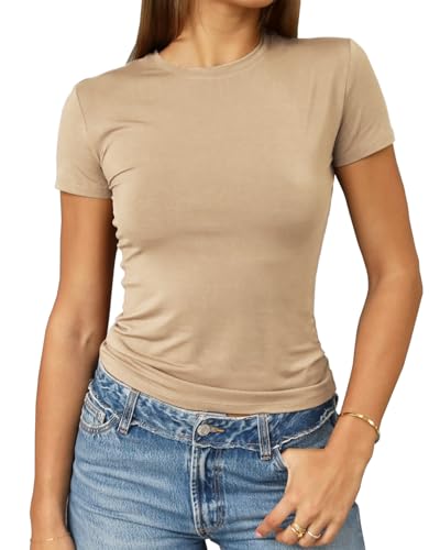 Abardsion Damen Casual Basic Going Out Crop Tops Slim Fit Kurzarm Rundhals Enge T-Shirts, Khaki, Klein von Abardsion