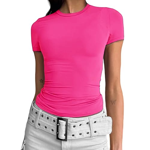 Abardsion Damen Casual Basic Going Out Crop Tops Slim Fit Kurzarm Rundhals Enge T-Shirts, Knallpink (Hot Pink), Klein von Abardsion