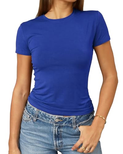 Abardsion Damen Casual Basic Going Out Crop Tops Slim Fit Kurzarm Rundhals Enge T-Shirts, Königsblau, Klein von Abardsion