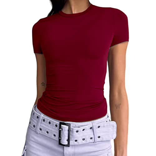 Abardsion Damen Casual Basic Going Out Crop Tops Slim Fit Kurzarm Rundhals Enge T-Shirts, Rot/Ausflug, einfarbig (Getaway Solids), Groß von Abardsion