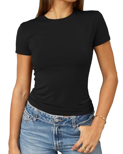 Abardsion Damen Casual Basic Going Out Crop Tops Slim Fit Kurzarm Rundhals Enge T-Shirts, Schwarz, Groß von Abardsion