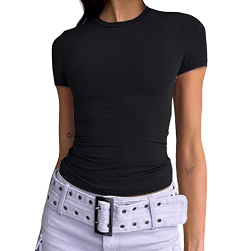 Abardsion Damen Casual Basic Going Out Crop Tops Slim Fit Kurzarm Rundhals Enge T-Shirts, Schwarz, Klein von Abardsion