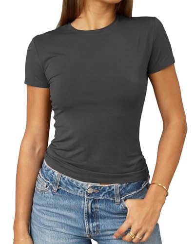 Abardsion Damen Casual Basic Going Out Crop Tops Slim Fit Kurzarm Rundhals Enge T-Shirts, Tiefes grau, Klein von Abardsion