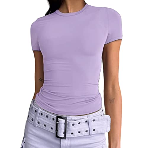 Abardsion Damen Casual Basic Going Out Crop Tops Slim Fit Kurzarm Rundhals Enge T-Shirts, Violett, Mittel von Abardsion