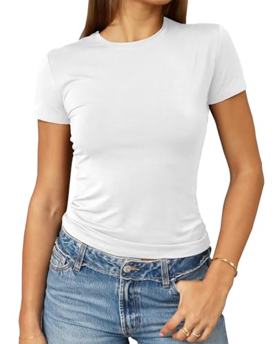 Abardsion Damen Casual Basic Going Out Crop Tops Slim Fit Kurzarm Rundhals Enge T-Shirts, Weiss/opulenter Garten, Mittel Abardsion Damen Casual Basic Going Out Crop Tops Slim Fit Kurzarm Rundhals Enge T-Shirts, Weiss/opulenter Garten, Mittel von Abardsion