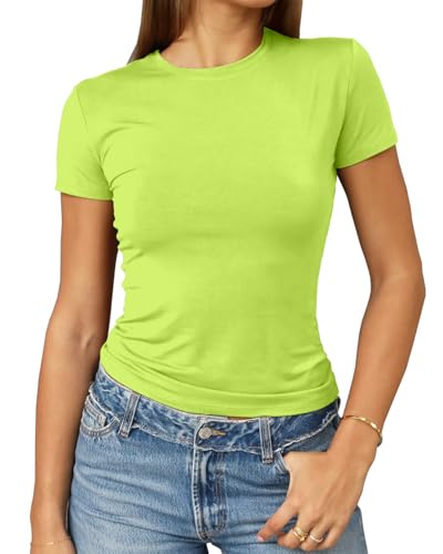 Abardsion Damen Casual Basic Going Out Crop Tops Slim Fit Kurzarm Rundhals Enge T-Shirts, neon green, Mittel von Abardsion
