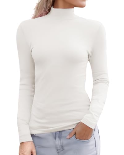 Abardsion Damen Langarm Mock Rollkragen Shirts 2025 Fleece Gefüttert Baselayer Slim Fit Thermounterwäsche Tops, Cremeweiß, Klein von Abardsion