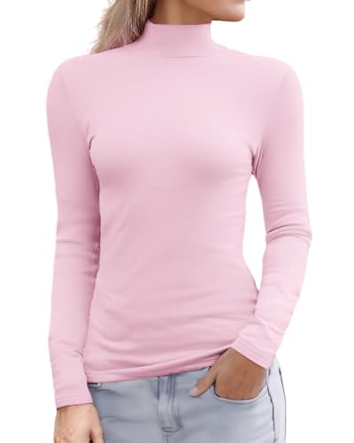 Abardsion Damen Langarm Mock Rollkragen Shirts 2025 Fleece Gefüttert Baselayer Slim Fit Thermounterwäsche Tops, Helles Pink, Groß von Abardsion