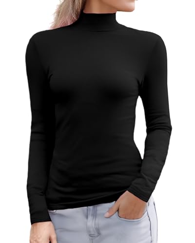 Abardsion Damen Langarm Mock Rollkragen Shirts 2025 Fleece Gefüttert Baselayer Slim Fit Thermounterwäsche Tops, Schwarz, Groß von Abardsion